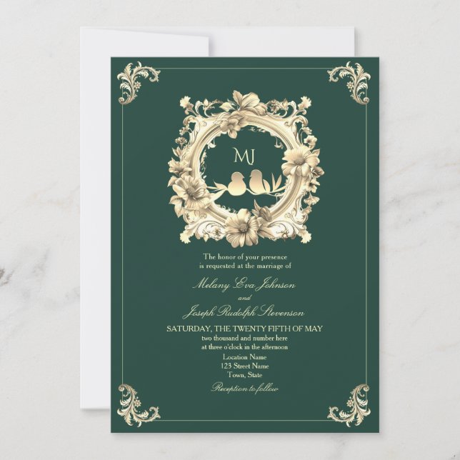 Invitation Gold et Emerald Green Mariage (Devant)