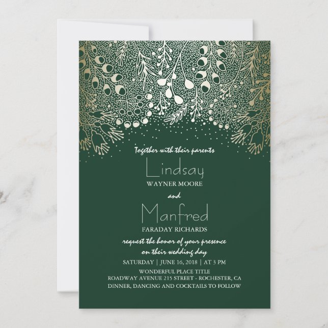 Invitation Gold et Emerald Green Mariage en bois enchanté (Devant)