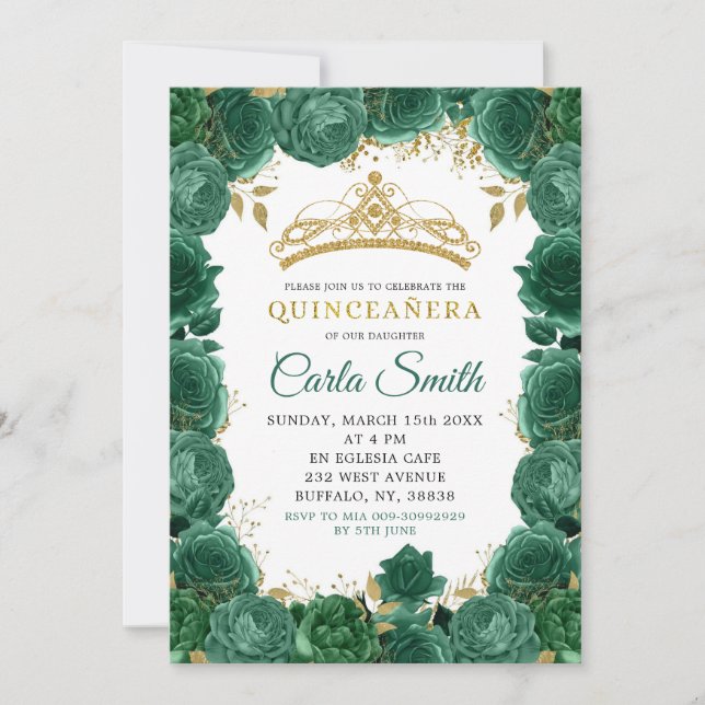 Invitation Gold et Emerald Green Roses Quinceañera (Devant)
