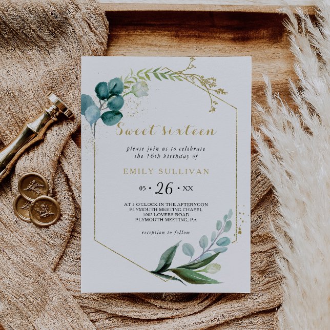Invitation Gold et Eucalyptus Sweet sixteen fête d'anniversai (Créateur téléchargé)
