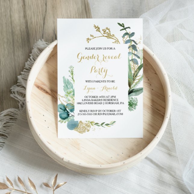 Invitation Gold et Green Eucalyptus Genre Revevela Party (Créateur téléchargé)
