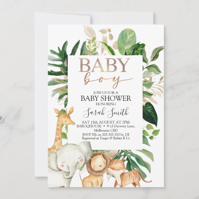 Invitation Gold Et Green Foliing Boys Baby shower Safari (Devant)