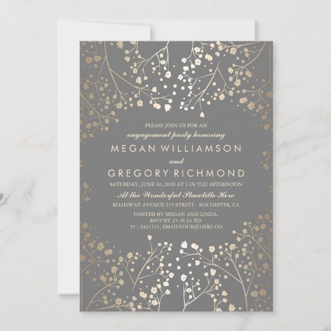 Invitation Gold et Grey Baby's Breath Engagement Party (Devant)