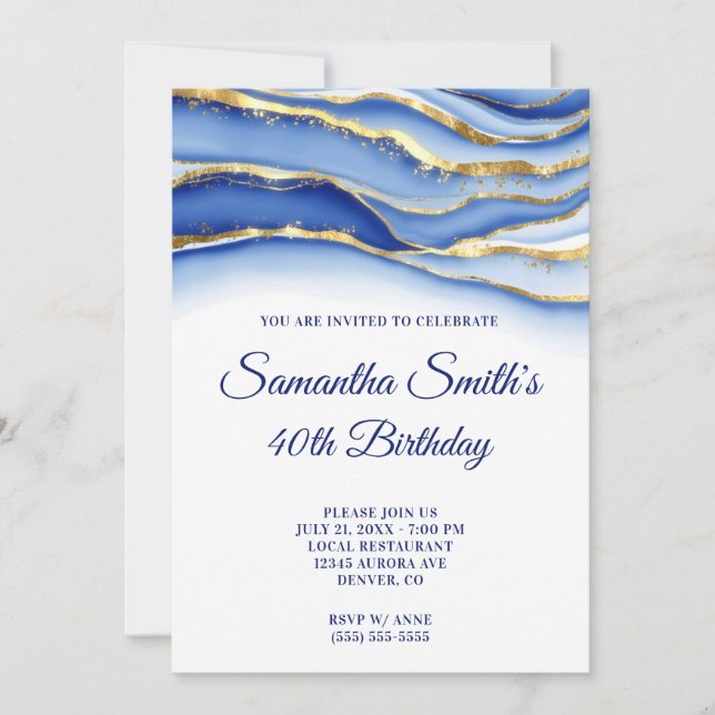 Invitation Gold et Marine Blue Ink Geode 40e anniversaire (Devant)