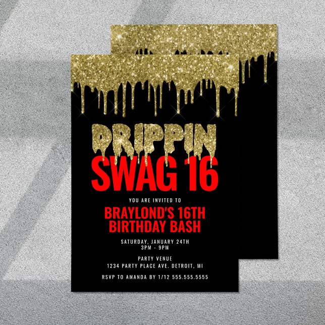 Invitation Gold et Red Drippin Swag 16 Anniversaire (Créateur téléchargé)