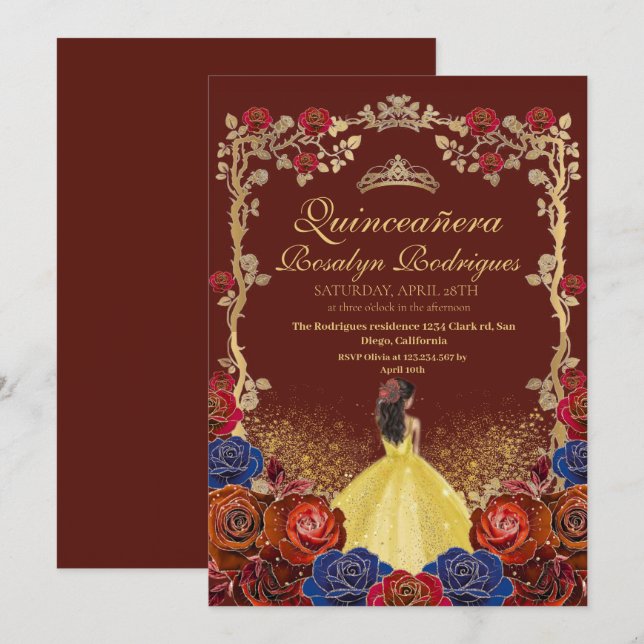 Invitation Gold et Rouge Bourgogne Quinceanera Beauté et le m (Devant / Derrière)