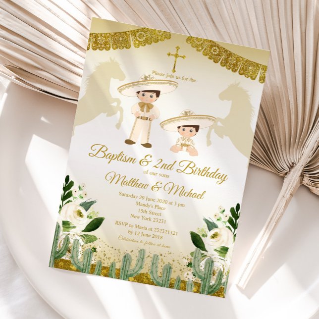 Invitation Gold et White Twin Boys Baptême & 2e anniversaire (Créateur téléchargé)