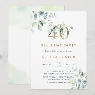 Invitation Gold Eucalyptus Botanical 40e fête d'anniversaire