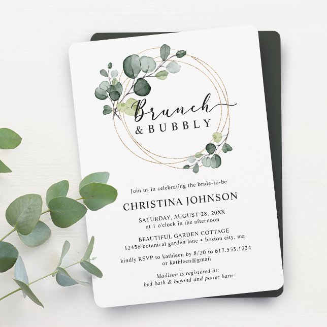 Invitation Gold Eucalyptus Brunch et Fête des mariées Bubbly (Créateur téléchargé)