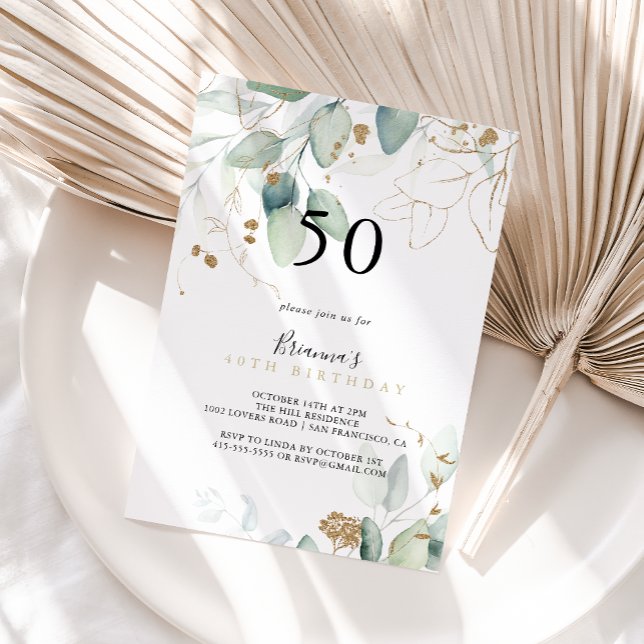 Invitation Gold Eucalyptus Calligraphie 50e fête d'anniversai (Créateur téléchargé)