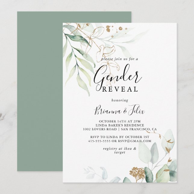 Invitation Gold Eucalyptus Calligraphie Genre Reveval Party (Devant / Derrière)