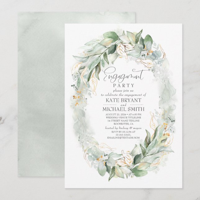 Invitation Gold Eucalyptus Green Wreath Engagement Party (Devant / Derrière)