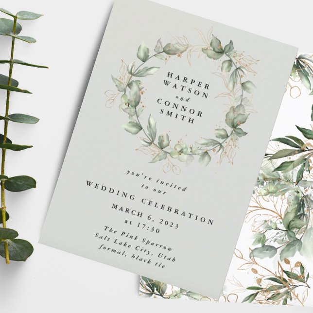 Invitation Gold Eucalyptus Wreath Green Sea Glass Mariage (Créateur téléchargé)