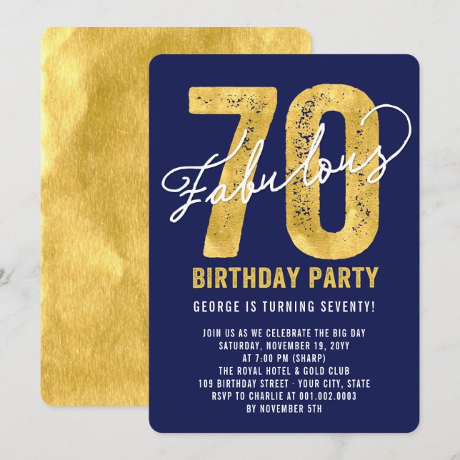 Invitation Gold Fabulous 70th Birthday Party (Devant / Derrière)