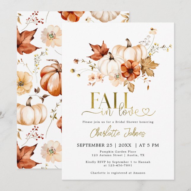 Invitation Gold Fall In Love Crème Citrouille Fête des mariée (Devant / Derrière)