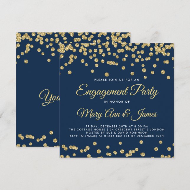 Invitation Gold Faux Parties scintillant Confetti (Devant / Derrière)
