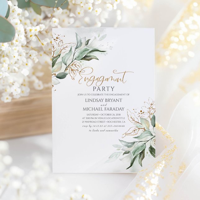 Invitation Gold Feuille Green Elegant Engagement Party (Greenery Engagement Party Invitation)