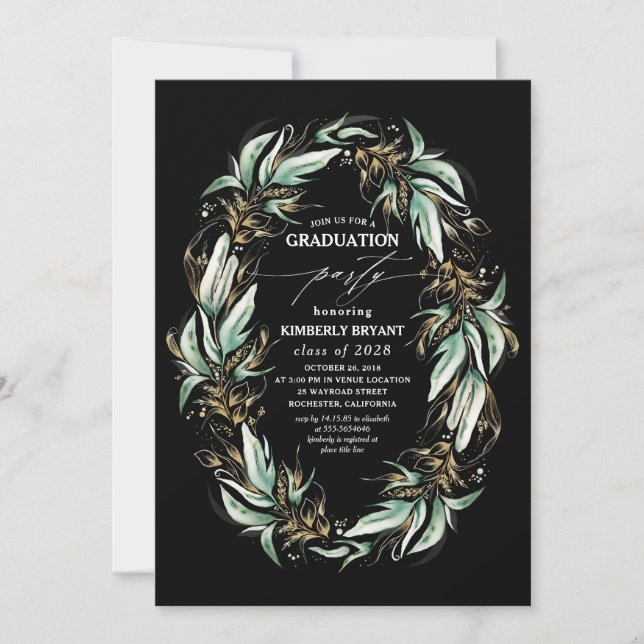 Invitation Gold Feuille Green Wreath Black Graduation (Devant)