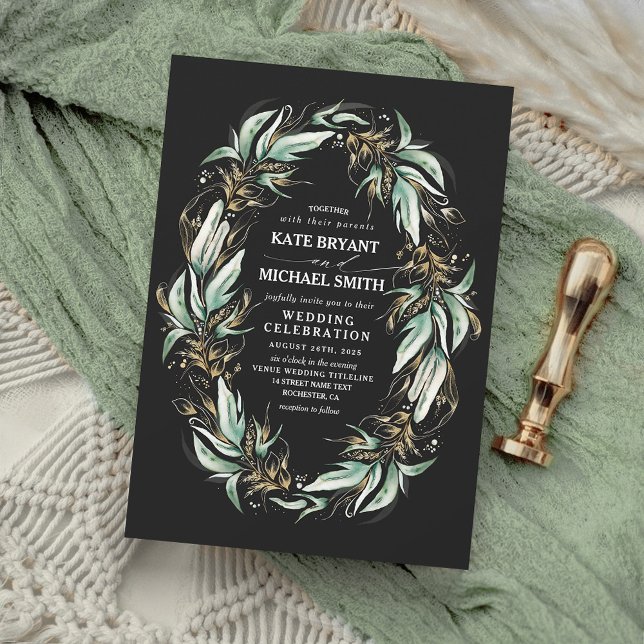 Invitation Gold Feuille verdure Wreath Black Modern Mariage (Créateur téléchargé)