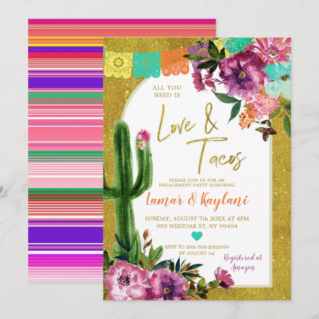 Invitation Gold Fiesta Love et Tacos Engagement Party (Devant / Derrière)