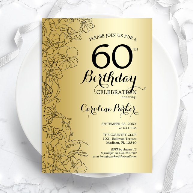 Invitation Gold Floral 60e fête d'anniversaire (Créateur téléchargé)