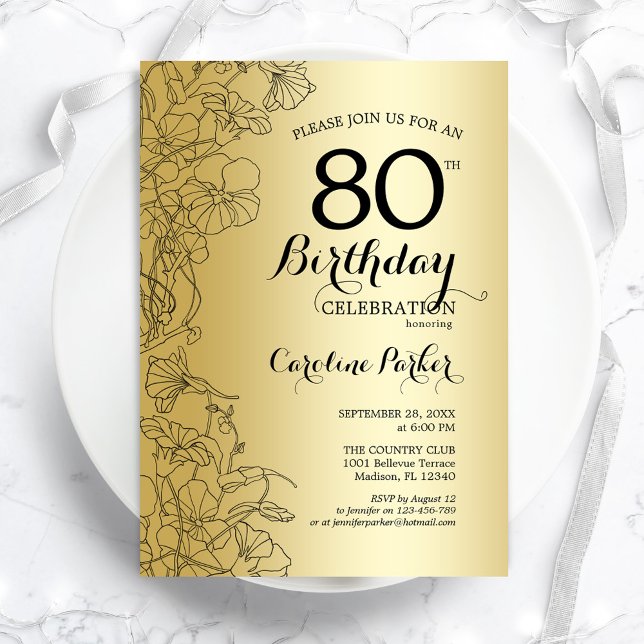 Invitation Gold Floral 80e fête d'anniversaire (Créateur téléchargé)
