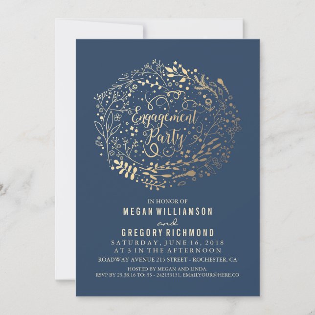 Invitation Gold Floral Bouquet Navy (Devant)