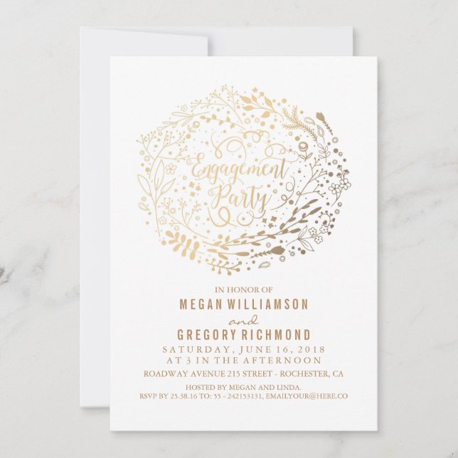 Invitation Gold Floral Bouquet White Engagement Party (Devant)