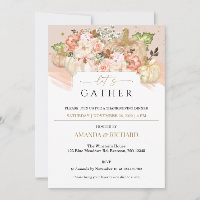 Invitation Gold Floral Citrouille Thanksgiving Dîner Invitati (Devant)