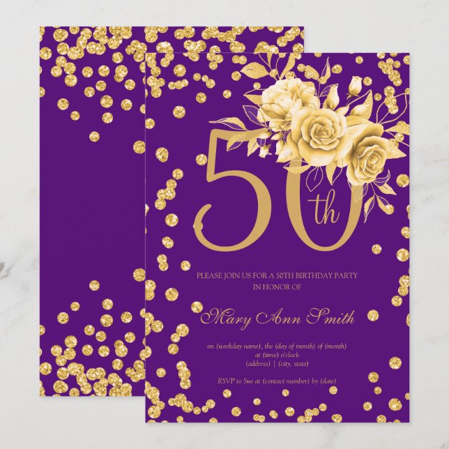 Invitation Gold Floral & Confetti 50e anniversaire violet (Devant / Derrière)