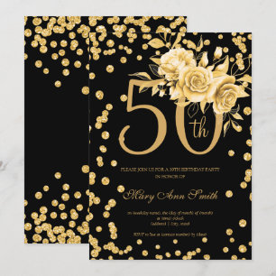 Invitation Gold Floral & Confetti 50e fête d'anniversaire Noi