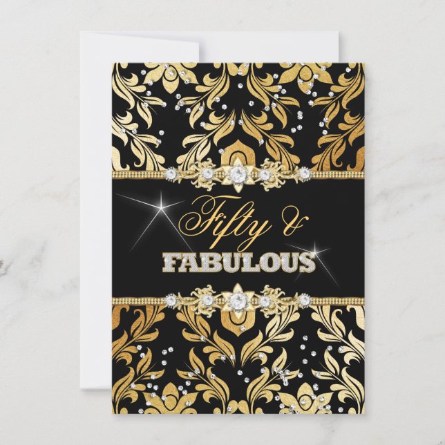 Invitation Gold Floral Diamond Damask Cinquante et fabuleux (Devant)