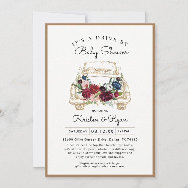 Invitation Gold Floral Drive à travers le Baby shower (Devant)