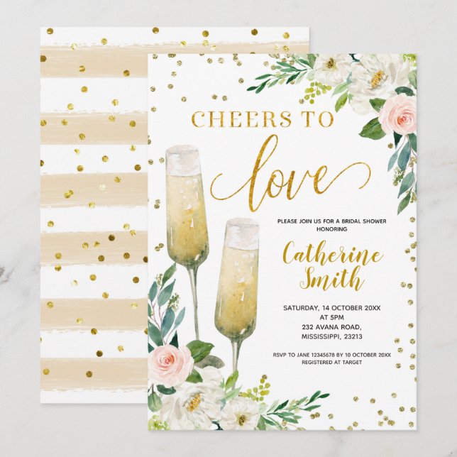 Invitation Gold Floral encourage à aimer la Fête des mariées (Devant / Derrière)