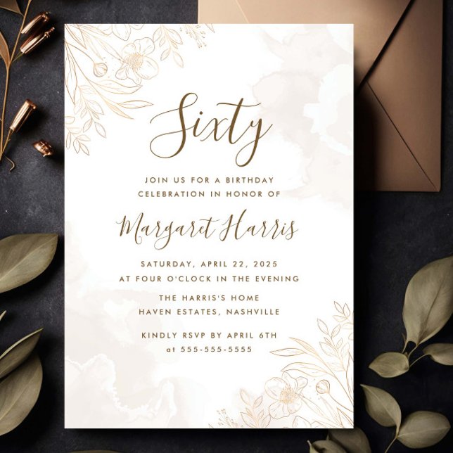 Invitation Gold Floral Frontière Feuille 60e Soixante Anniver (Créateur téléchargé)