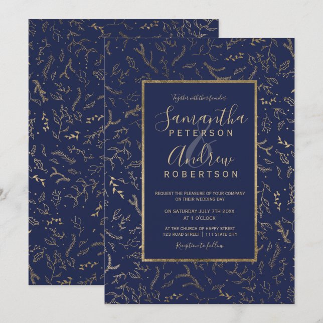Invitation Gold floral hiver marine bleu typographie mariage (Devant / Derrière)
