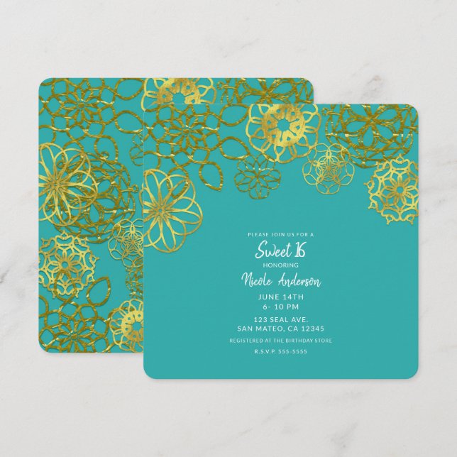 Invitation Gold Floral Mandalas Sweet 16 Seteen Party (Devant / Derrière)