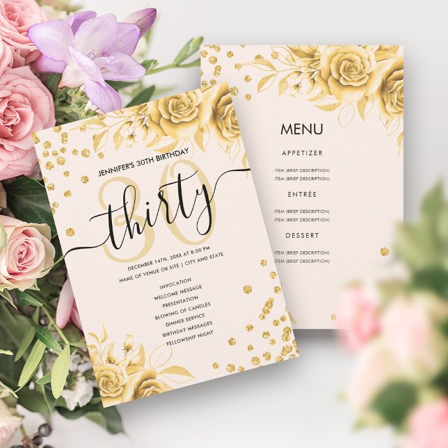 Invitation Gold Floral Parties scintillant 30th Birthday Menu (Gold Floral Glitter 30th Birthday Menu & Programs)