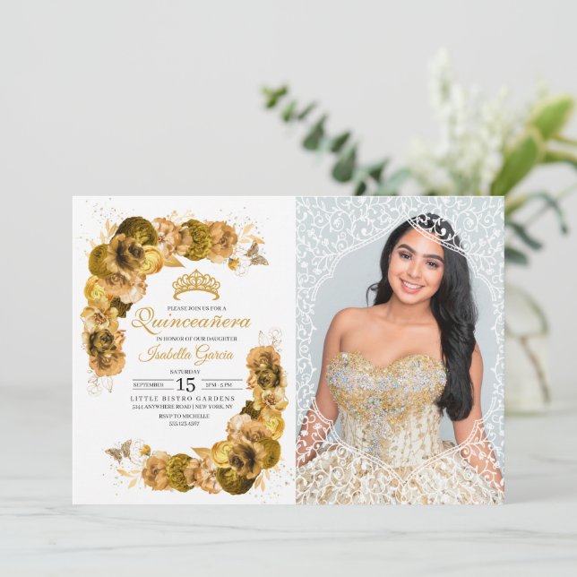 Invitation Gold Floral Quinceanera Photo Anniversaire (Debout devant)