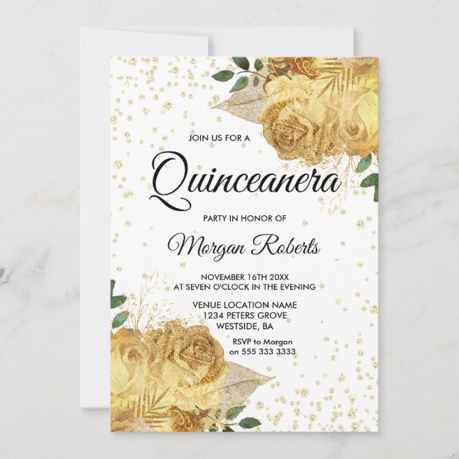 Invitation Gold Floral Rose Quinceanera Party Inite (Devant)
