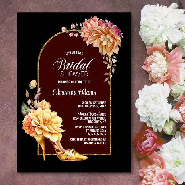 Invitation Gold Floral Stiletto Chaussure Arc Noir Fête des m (Créateur téléchargé)