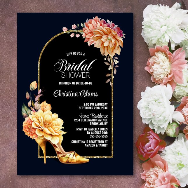 Invitation Gold Floral Stiletto Chaussure Bleu Arche Fête des (Créateur téléchargé)
