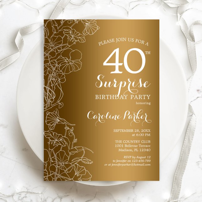 Invitation Gold Floral Surprise 40e fête d'anniversaire (Créateur téléchargé)
