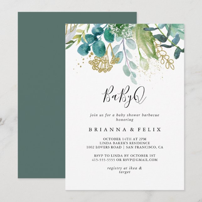 Invitation Gold Floral Tropical BabyQ Baby shower Barbecue (Devant / Derrière)