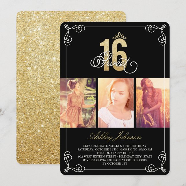 Invitation Gold Flourish Glam Sweet 16 Photo Anniversaire (Devant / Derrière)