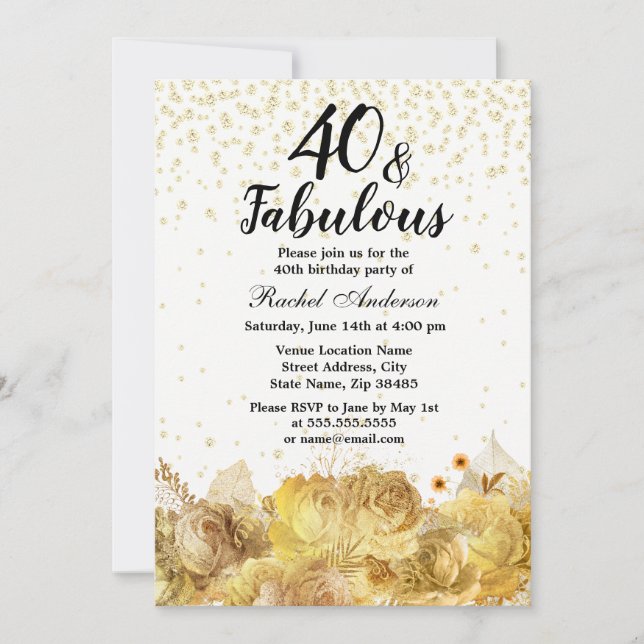 Invitation Gold Flowers Parties scintillant 40 et fabuleux 40 (Devant)