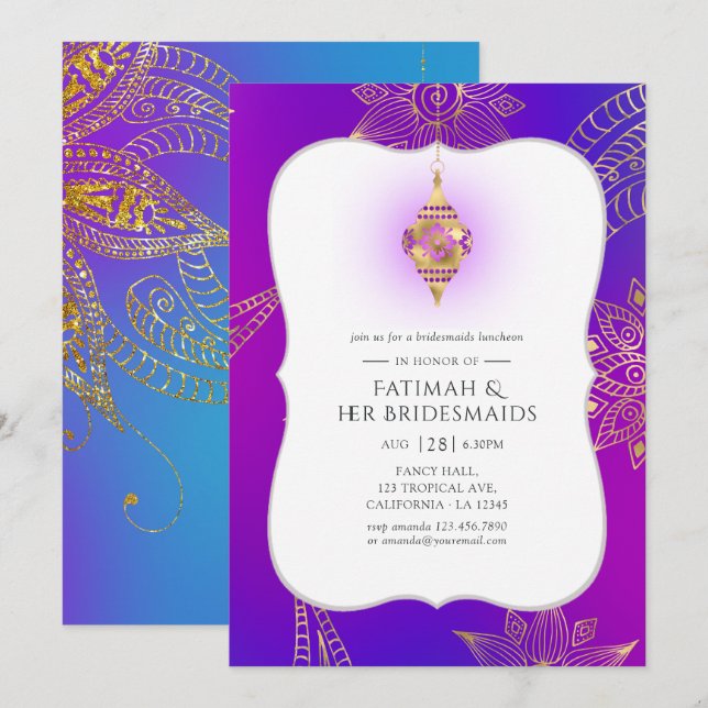 Invitation Gold Foil Arabian Bollywood Bridesmaiers Déjeuner (Devant / Derrière)