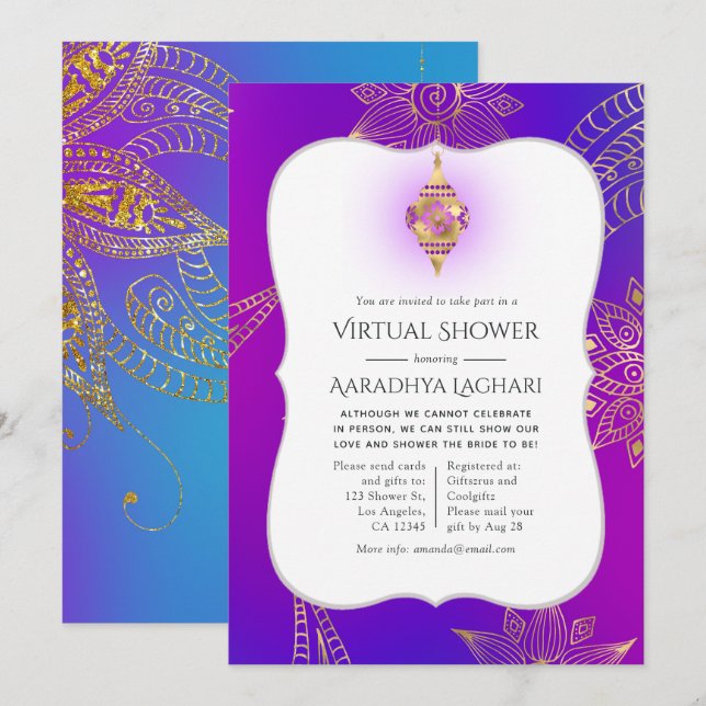 Invitation Gold Foil Arabian Bollywood Douche virtuelle (Devant / Derrière)