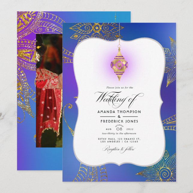 Invitation Gold Foil Arabian Bollywood Mariage Photo Invitati (Devant / Derrière)