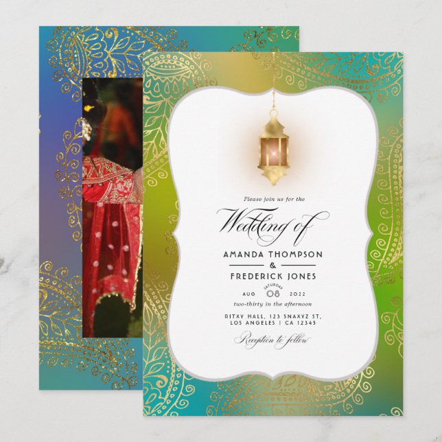 Invitation Gold Foil Arabian Bollywood Mariage Photo Invitati (Devant / Derrière)